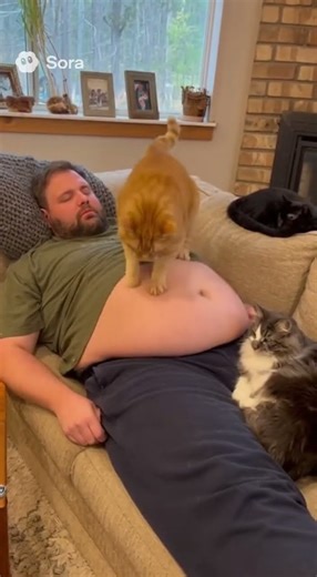 Cat Jumps on Dad’s Big Belly Like a Trampoline 🤣#ai #funny #comedy