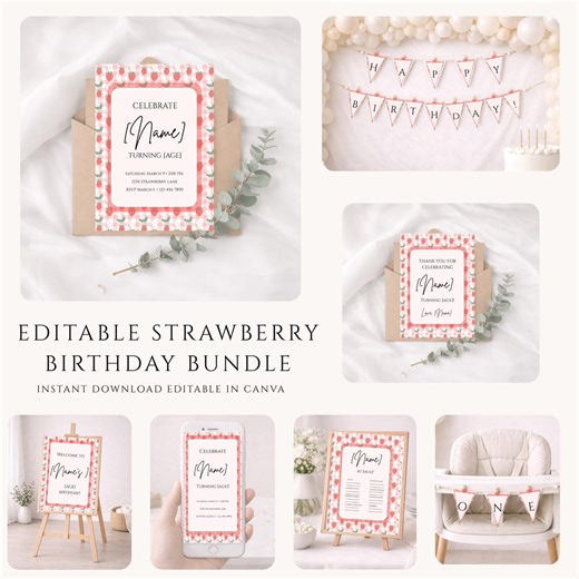 Strawberry Birthday Party Decor Bundle, Editable Canva Templates, Berry First Birthday Girl, Party Signs, Banner - Etsy