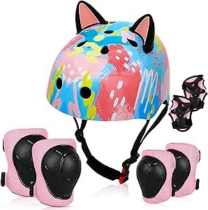 Kids Helmet, Bike Helmets for Kids 8-14 with Knee Pads and Elbow Pads Wrist Guards, Adjustable Youth Girls Bike Helmet with DIY Cat Ears Skateboard Helmet for Scooter Skating Cycling