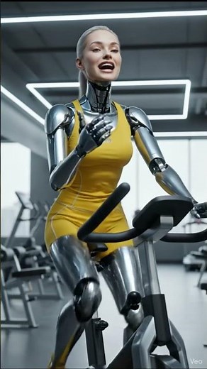 Futuristic Fitness Robot Workout – AI Cyborg Woman on Exercise Bike