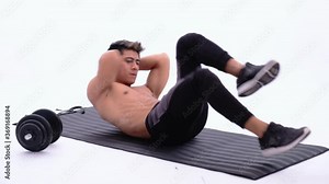muscle man without clothes do sit up exercises with a mat next to the bottle and dumbbell on an isolated background