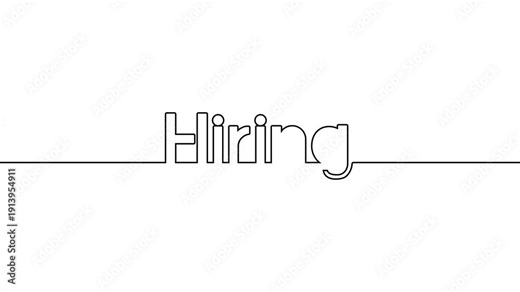hiring text one line art animated continuous single line drawing of handwritten typography intro animation video, hiring now title on black white background