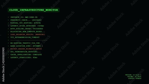 Futuristic Cloud Infrastructure Monitor HUD with Green Digital Command Line Terminal and AWS Server Network Computing Status Monitoring Interface.