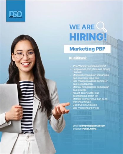 Loker Farmasi & Tenaga Kesehatan Seluruh Indonesia on Instagram: "Dibutuhkan Segera❗ Lowongan Kerja PT. DSD Distributor Farmasi Dibutuhkan Posisi : - Marketing Farmasi Pendidikan D3 & S1 Farmasi Penempatan : Bandung, Komplek Batununggal Tag & share ke teman kamu yang membutuhkan kirimkan cv & surat lamaran lengkap ke nomor dibawah ⬇️⬇️⬇️ Email : admptdsd@gmail.com Subject : Posisi_Nama Waspadai Penipuan! Perekrutan GRATIS TIDAK DI PUNGUT BIAYA ! Follow like & Share @lokerfarmasi_indonesia #loker