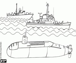Military ships and submarine coloring page printable game