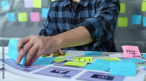 UX developers, UI designers think about designing creative mobile app interface layouts Application planning sketch Prototype development process with customer code and color code online business work