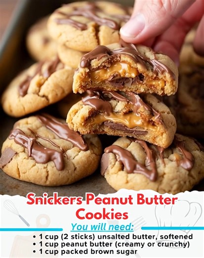 15K views · 95 reactions | Snickers Peanut Butter Cookies Ingredients: 1 cup (2 sticks) unsalted butter, softened 1 cup peanut butter (creamy or crunchy) 1 cup packed brown sugar 1 cup granulated sugar 2 large eggs 1 teaspoon vanilla extract 3½ cups all-purpose flour 1 teaspoon baking soda ½ teaspoon salt 48 mini Snickers bars, unwrapped Directions | Soul Recipes | Facebook