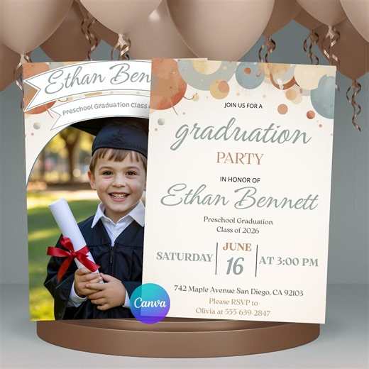 Preschool Graduation Invitation Photo Canva Editable Template Kindergarten Celebration Party - Etsy