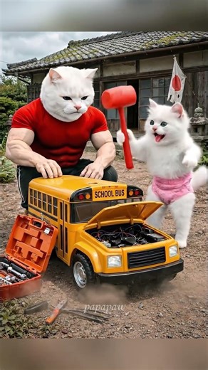 The kitten’s cardboard school bus was destroyed his dad built a school bus that sprays paint.