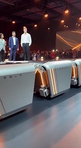 “Tesla cargo bot rolls in, segments shifting smoothly as amber lights glow.” #AIShowcase #FutureLogistics #TechDemo | ExpoTech Unveiled
