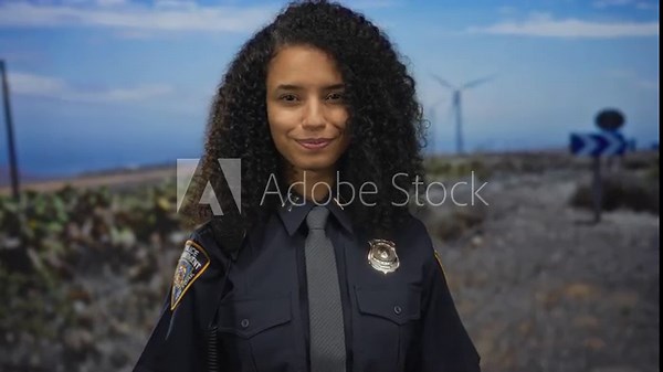 Young hispanic woman police officer in uniform stands before windmill and salutes hand to forehead in outdoor field; pride duty.