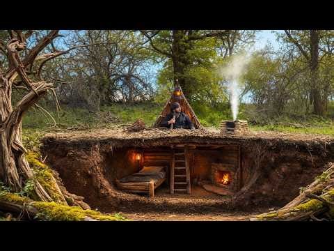 Building a Hidden Underground House in the Forest Bushcraft Survival Shelter with Fireplace