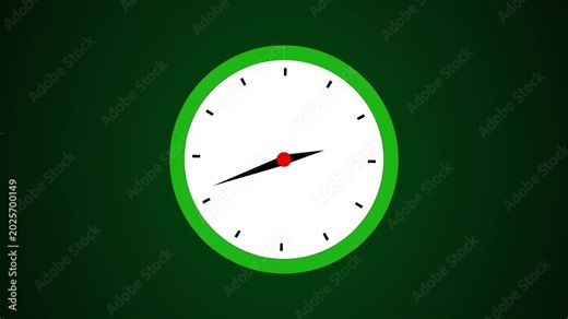 Simple analog clock face with green border. Time management symbol for schedule and planning. Digital clock animation for hour tracking.
