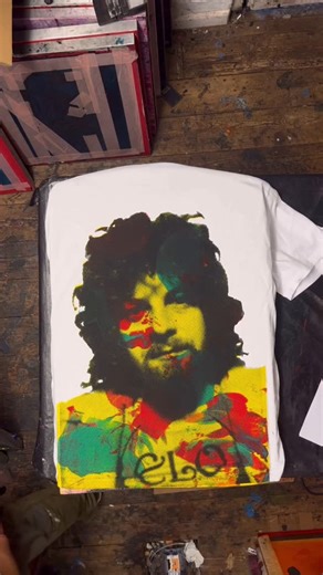 PBY on Instagram: "Jeff Lynne multi-colour sample print on heavy white tee.🌞"