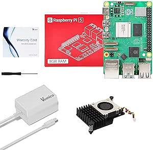Vemico Raspberry Pi 5 Kit 8GB RAM with Active Cooler, Pi 5 27W 5.1V5A PD Type-C Power Supply, Raspberry Pi 5 8GB Single Board and Warranty Card Included