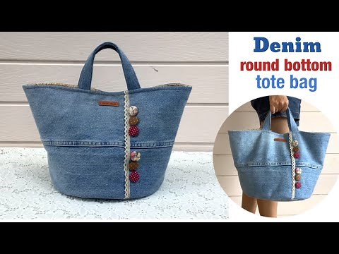 how to sew a denim round bottom tote bags tutorial, sewing diy a round bottom tote bags patterns.