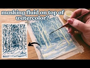 Using masking fluid on top of watercolor to paint these snowy aspen trees