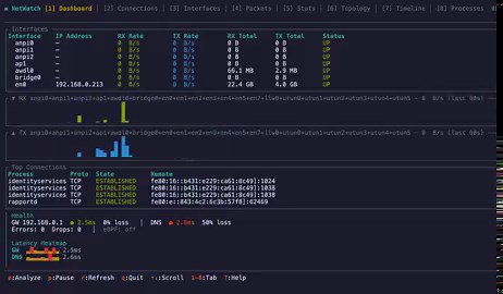 netwatch is an all in one network diagnostics tool that monitors connections in real time.It has a live traffic timeline, ASCII network map, latency heat-maps and more.Matt Hartley (matthart1983 on GitHub) made netwatch using @ratatui_rs and is Terminal Tool of the Week! ⭐️