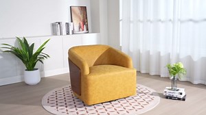 Swivel Accent Chair Faux Leather Boucle Swivel Barrel Chair Comfortable Mid Century Modern Chair Upholstered Metal Base Armchair for Living Room Bedroom Office Large Vintage Gray