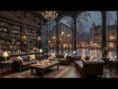 ☕ Library Cafe Ambience with Calm Jazz Music and Gentle Rain Sounds to Reading, Working & Reflection