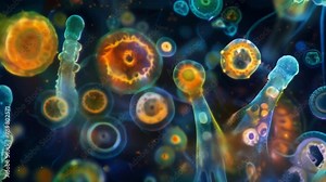 A vibrant microscopic image showing the diversity of shapes and sizes a different types of protozoa with some elongated and wormlike . AI generation.