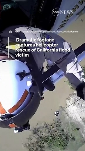 27K views · 171 reactions | Dramatic footage captures a successful helicopter rescue of a man who became stranded in a California river after his car was swept away by floodwaters. https://abcn.ws/3YNnZno | ABC News | Facebook