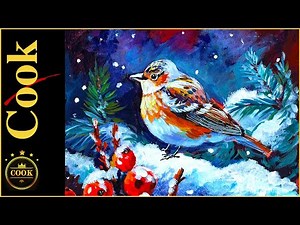 How to Paint in Acrylics Little Bird and Red Berries in the Snow by Ginger Cook