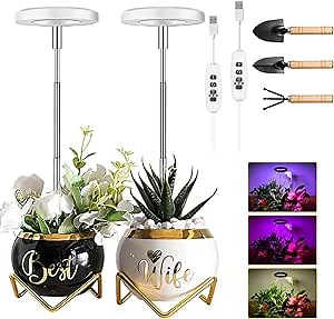 Grow Lights for Indoor Plants, Full Spectrum Plant Grow Light, 3 Colors Halo Grow Light, Height Adjustable Small Grow Lamp with Auto On/Off Timer, 10 Dimming Levels Potted Plant Lights (2 Packs)