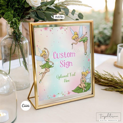 Tinkerbell Custom Table Sign Fairy Birthday Party Decor Canva Template Digitally Download Signage Station - Etsy