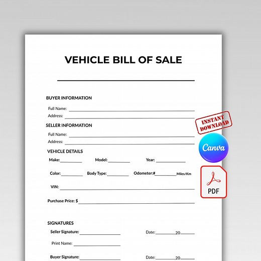 Vehicle Bill of Sale Template – Editable Car Bill of Sale Canva & Printable PDF A4/US Letter - Etsy