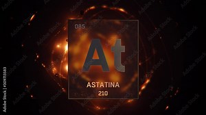 Astatine as Element 85 of the Periodic Table. Seamlessly looping 3D animation on orange illuminated atom design background with orbiting electrons. Name, atomic weight, element number in Spanish langu
