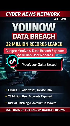 A threat actor claims to have leaked a massive database tied to the livestreaming platform YouNow, allegedly exposing 22 million user accounts. The leaked data reportedly includes email addresses, IP addresses, and device metadata, raising concerns over potential phishing, account takeovers, and identity abuse. As of now, YouNow has not publicly confirmed the breach. Users are urged to secure their accounts and monitor for suspicious activity.