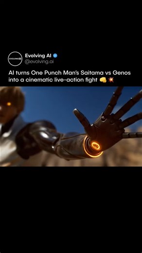 Evolving AI on Instagram: "Created by @thebluehorizon_ai, this project uses generative AI to turn one of One Punch Man’s most famous fights, Saitama vs Genos, into live-action style scenes. It combines image generation and motion to create full shots with cinematic framing, lighting, and scale. This kind of work shows how AI is moving beyond single visuals and starting to act as a basic production pipeline. What are your thoughts on this? 🤔💬 🎥: @thebluehorizon_ai"