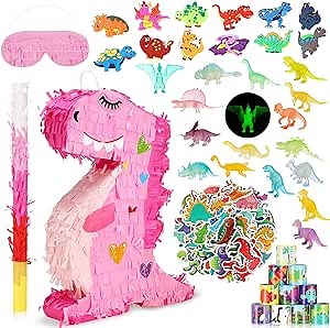 Hanaive 141 Pcs Dinosaur Piñata for Birthday Party, Dino Piñata Set with Blindfold and Baton, 16 x 12 x 3 Inch, Kids Dinosaur Themed Party Favors for Boys and Girls(Cute Style)