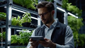Professional Male Bioengineer Examining Crops on Modern Vertical Farm. Man With Tablet Computer Grows Organic Food or Plants In High-Tech Greenhouse. VFX Infographics Animation Showing Data.. 4K Video
