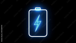 Battery charging animation with a power bolt icon. Blue color neon lightning bolt, glowing sign. Abstract neon bolt icon with circle on black background
