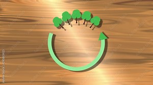 Video animation of an arrow and trees on a wooden background - Environmental and conservation responsibilty, forests, recycling and ecology