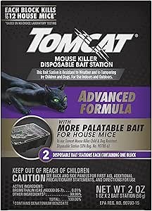 Tomcat Mouse Killer Disposable Bait Station - Advanced Formula: Child and Dog Resistant, Indoor and Outdoor Use, 2 Count, Pre-Filled, 2 oz.
