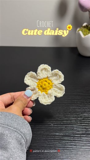 Nishikha ✧˚ ༘ ⋆｡♡˚ on Instagram: "Crochet daisy 🌼 Full pattern ⬇️ _______________ Make a magic circle R1 : 5 sc R2: 5 inc (10 sc) [use 2 stitches for 1 petal] Change color R3: [(3chains, 2tc), (1tc, 3chains, slst)] x 5 Weave ends and tadaaaaaaa daisy is readyy 🌼 #fyp #viral #instagramreels #instadaily #crochet #tutorial #explore #relatablereels #trending #daisy"