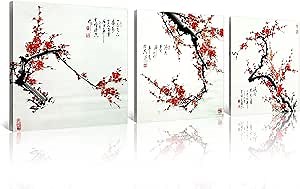 NAN Wind Small Size Traditional Chinese Painting of Plum Blossom Canvas Prints 3 Panels Cherry Blossom Chinese Art Wood Framed Red Plum Blossom Wall Art Plum Flowers Print Painting 40x40cm Each Panel
