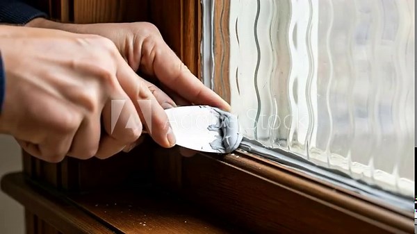 Man restoring historic wooden window frame with putty knife and glazing compound for home maintenance