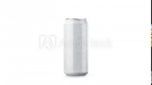Blank big cold aluminium beer can mockup with drops, 500 ml, looped rotation, 3d rendering. Empty soda tin packing mock up with condensate, isolated on white. Canned dripping drink. Fizzy pop package
