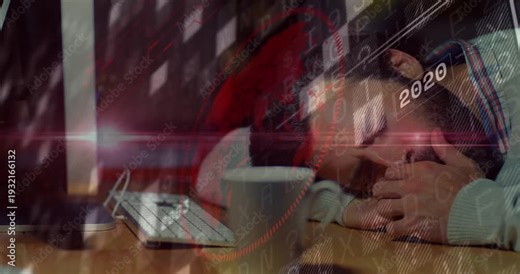 Tech worker rubbing then covering eyes while numeric years sliding across monitor, showing fatigue