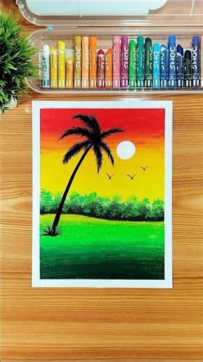 🌴 Easy Palm Tree Sunset Scenery | Oil Pastel Art #Shorts #palmtree #sunsetscenery #shortsfeed #art