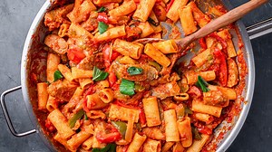 I love the classic but this one is really good too! Print recipe: https://www.sipandfeast.com/sausage-peppers-rigatoni/ | Sip and Feast
