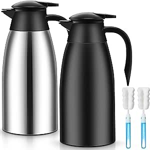 Norme 2 Pcs Thermal Coffee Carafe Insulated Stainless Steel Coffee Carafe for Hot Liquid Vacuum Thermal Pot Creamer Pitcher Dispenser with Brushes Keeping Hot Water Milk(Black, Silver,68 oz)