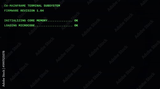 Cold War era 1980s green phosphor mainframe terminal initializing core memory and encountering a tape drive error