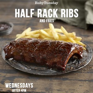 685 reactions · 78 shares | Wednesday Deals! 1/2 Rack Ribs+Fries only $11.99. Ribs + 6 oz Ribeye+Baked Potato $17.99 - Endless Garden Bar $7.99 Till 4pm | Ruby Tuesday | Facebook