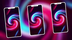 Download Smartphone or mobile phone on gradient swirling background. Motion. Three phones with the pattern of spiral shaped tornado. for free