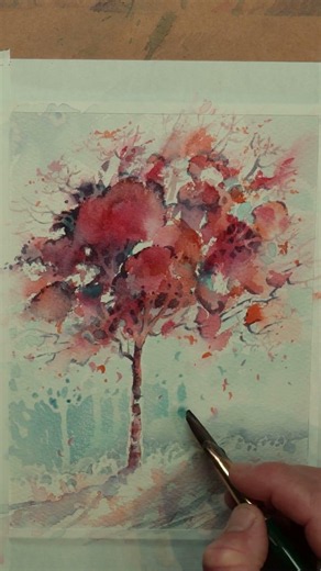 Colorful Watercolor Tree Painting Using Only 3 Colors in the "Split Complementary" Color Scheme